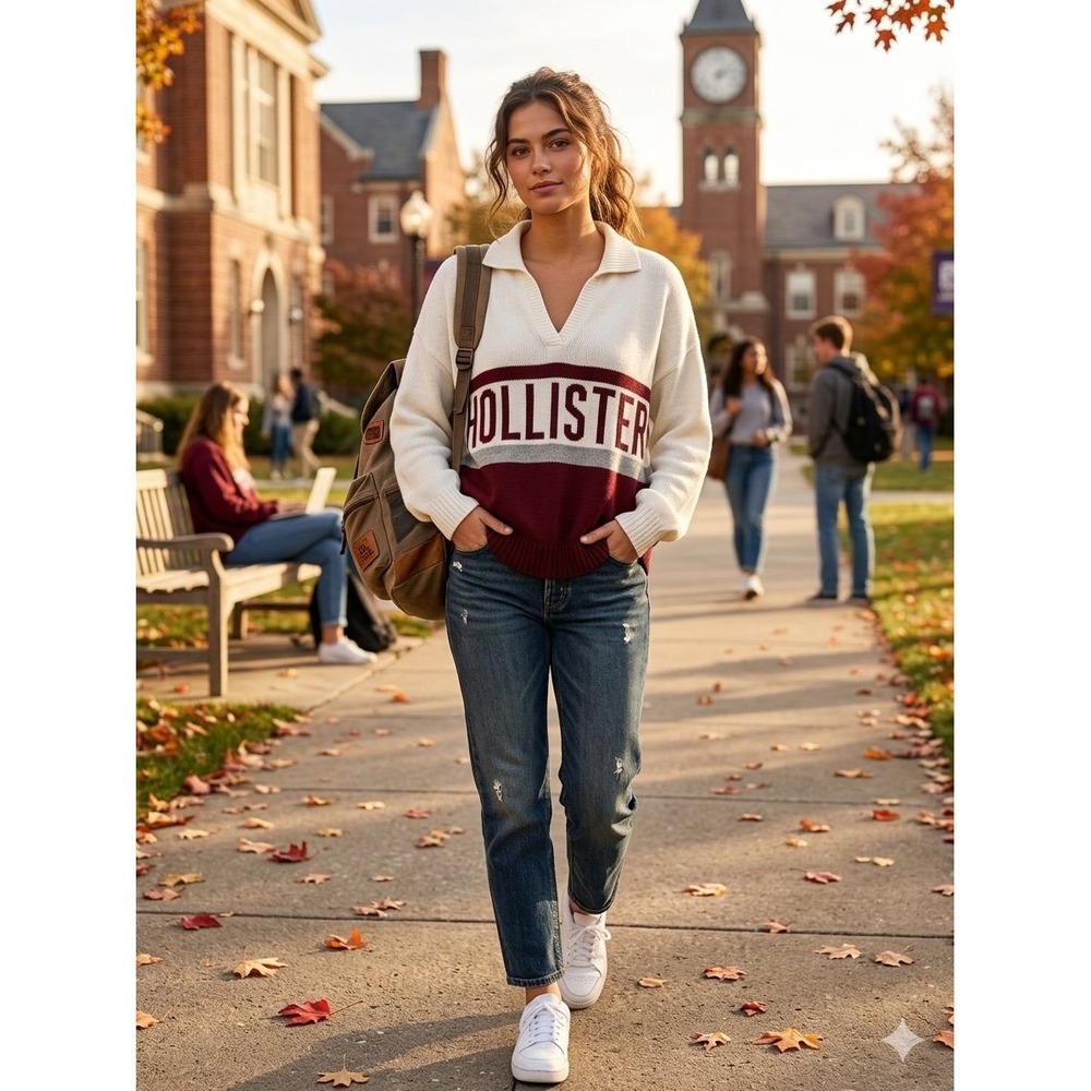 Hollister Womens Large Preppy Oversized V-Neck Polo Sweater Colorblock Logo